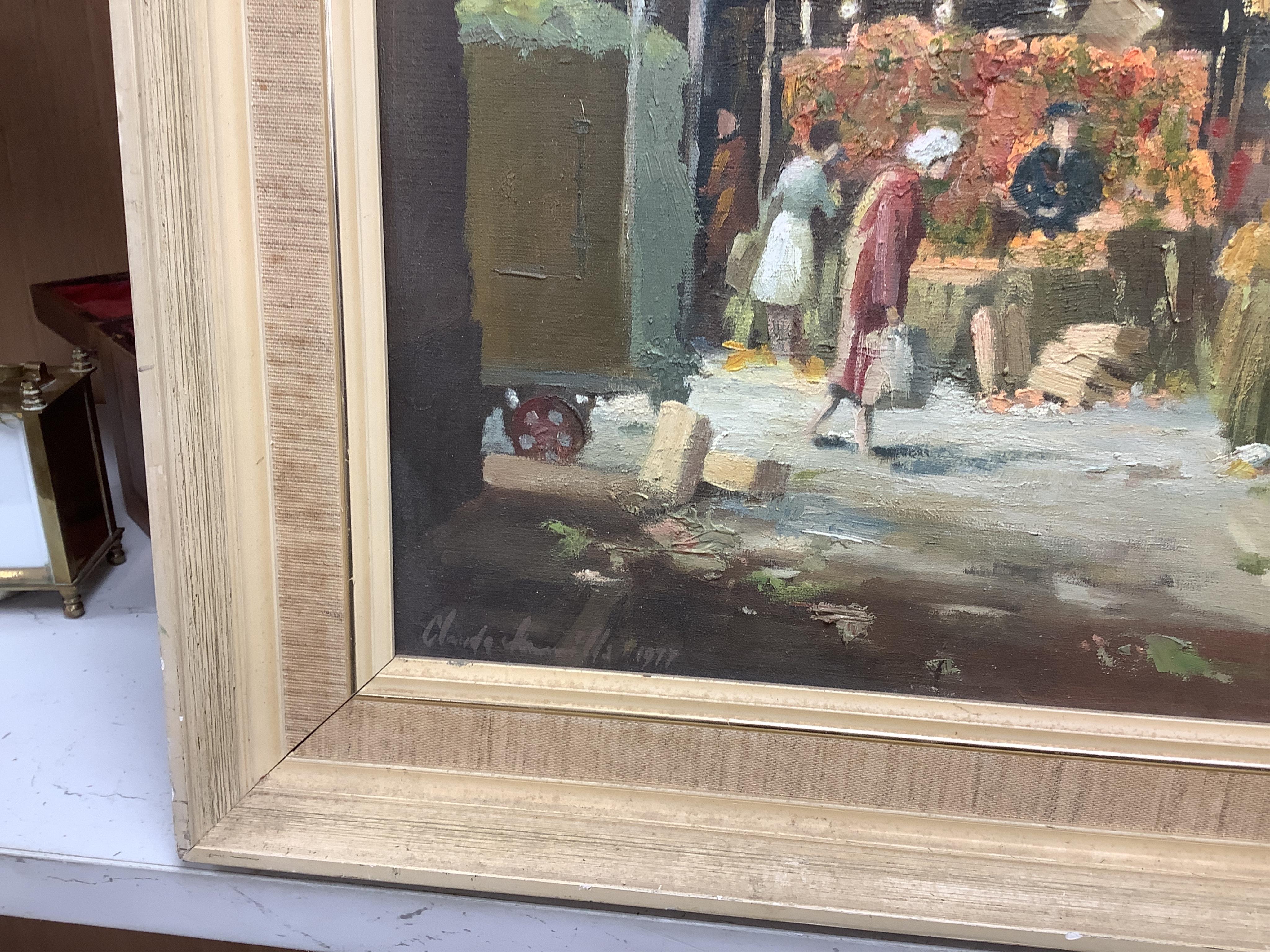 Claude Murrills (1915-2006), Croydon market scene, oil on board and coastal scene, watercolour, former 44x29cm